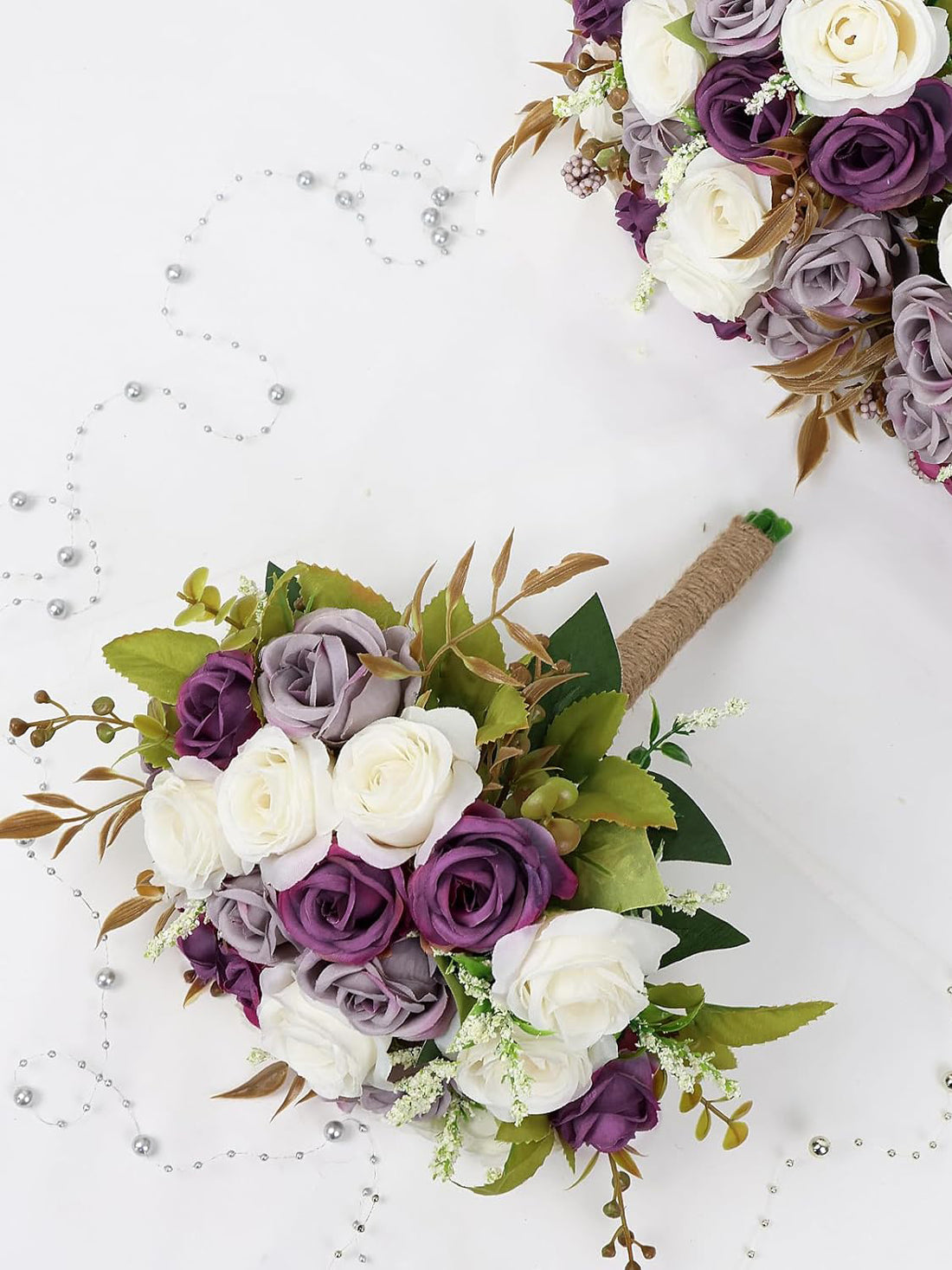 Bridesmaid Bouquets Set of 6 7 Inch Artificial Ivory Flower Dusty Purple