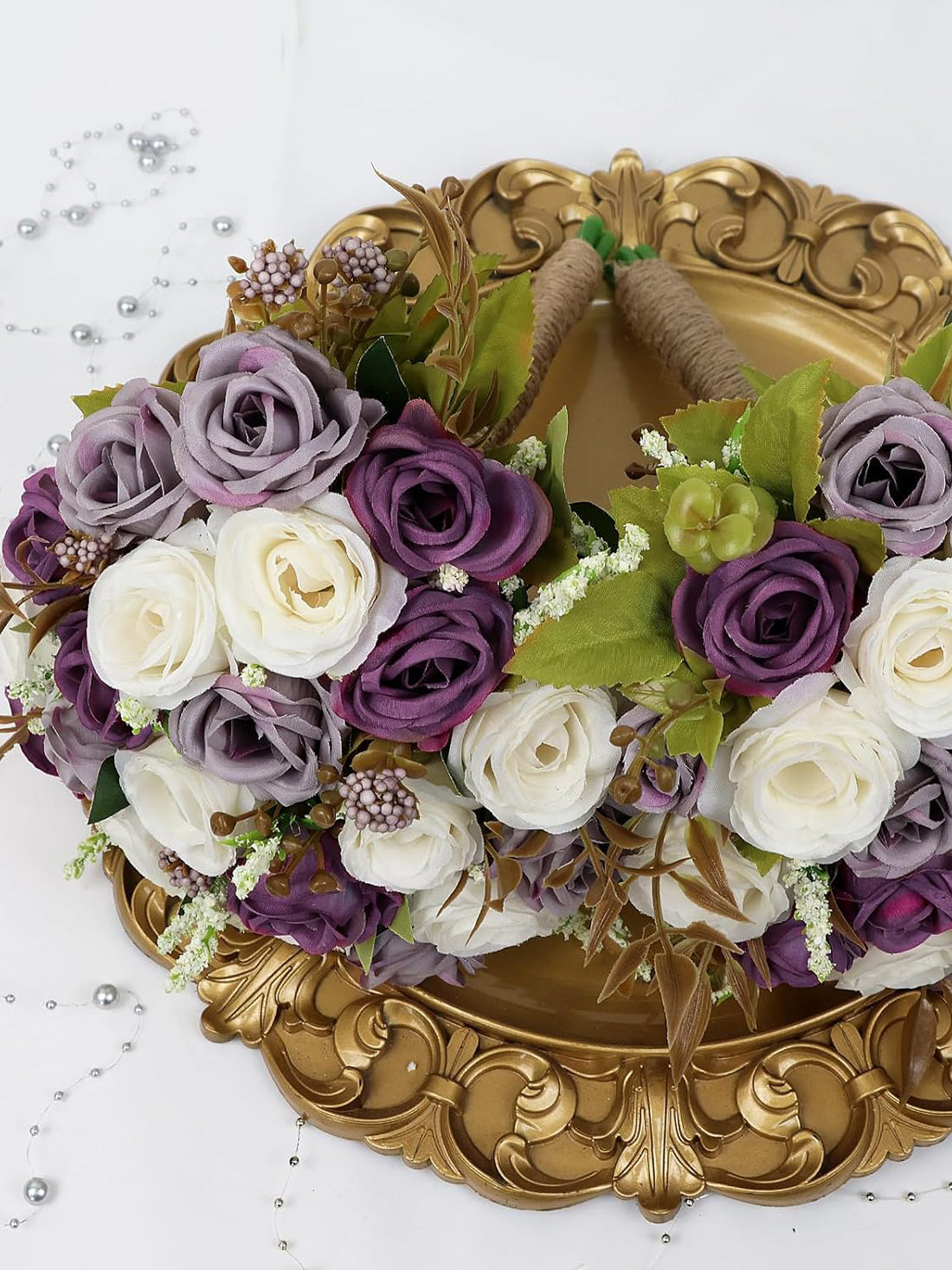 Bridesmaid Bouquets Set of 6 7 Inch Artificial Ivory Flower Dusty Purple