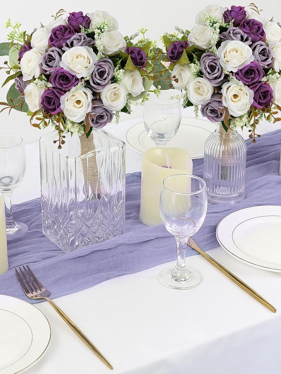 Bridesmaid Bouquets Set of 6 7 Inch Artificial Ivory Flower Dusty Purple