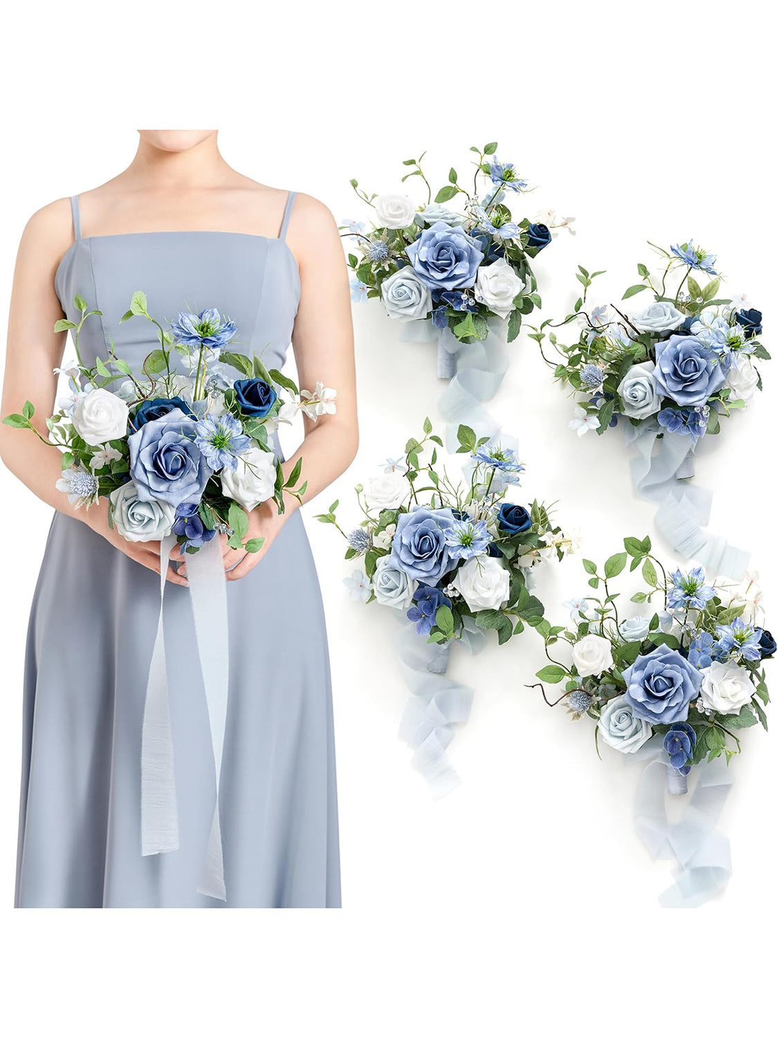 Dusty Blue 7 Inch Artificial Flowers Bridesmaid Bouquets Set of 4