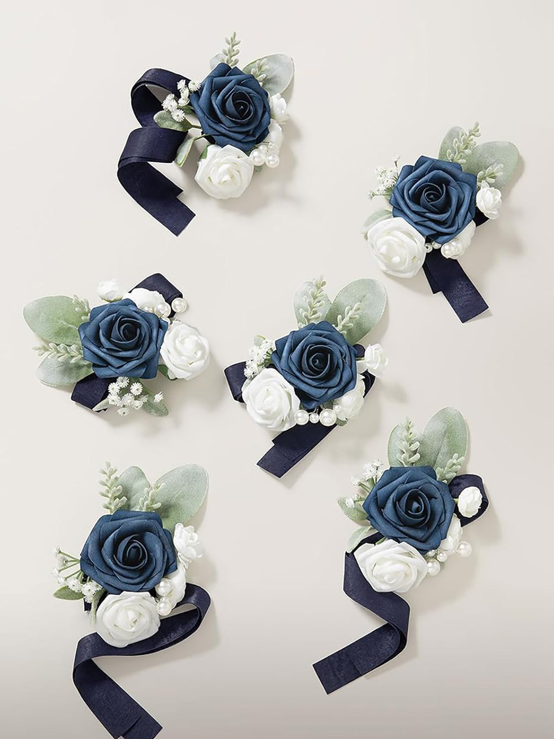 Navy Blue & Dark Navy 6pcs Artificial Flowers Wedding Wrist Corsage