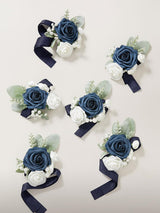 Navy Blue & Dark Navy 6pcs Artificial Flowers Wedding Wrist Corsage