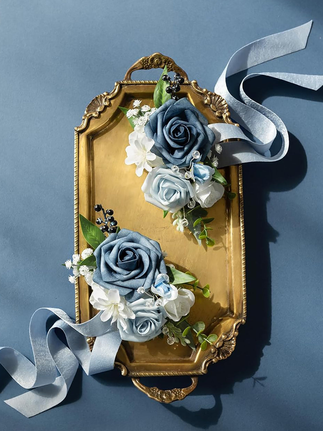 Blue 2pcs Artificial Flower Prom Wrist Shoulder Corsage