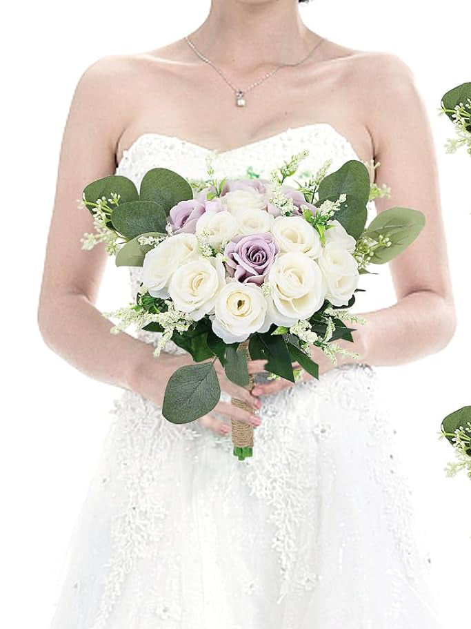 Lilac & White Bridesmaid Bouquets 7 Inch Ivory Flower Set of 6 for Wedding