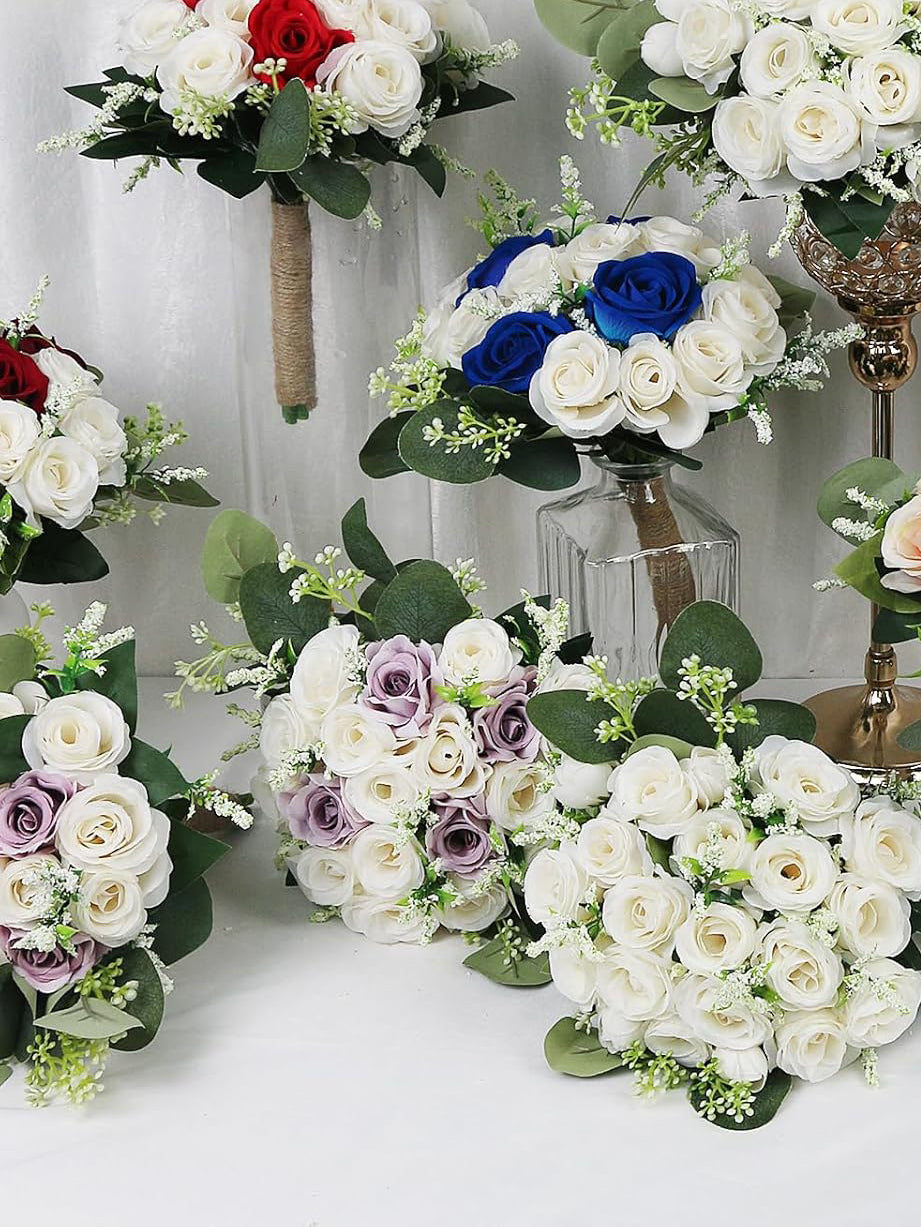 Lilac & White Bridesmaid Bouquets 7 Inch Ivory Flower Set of 6 for Wedding