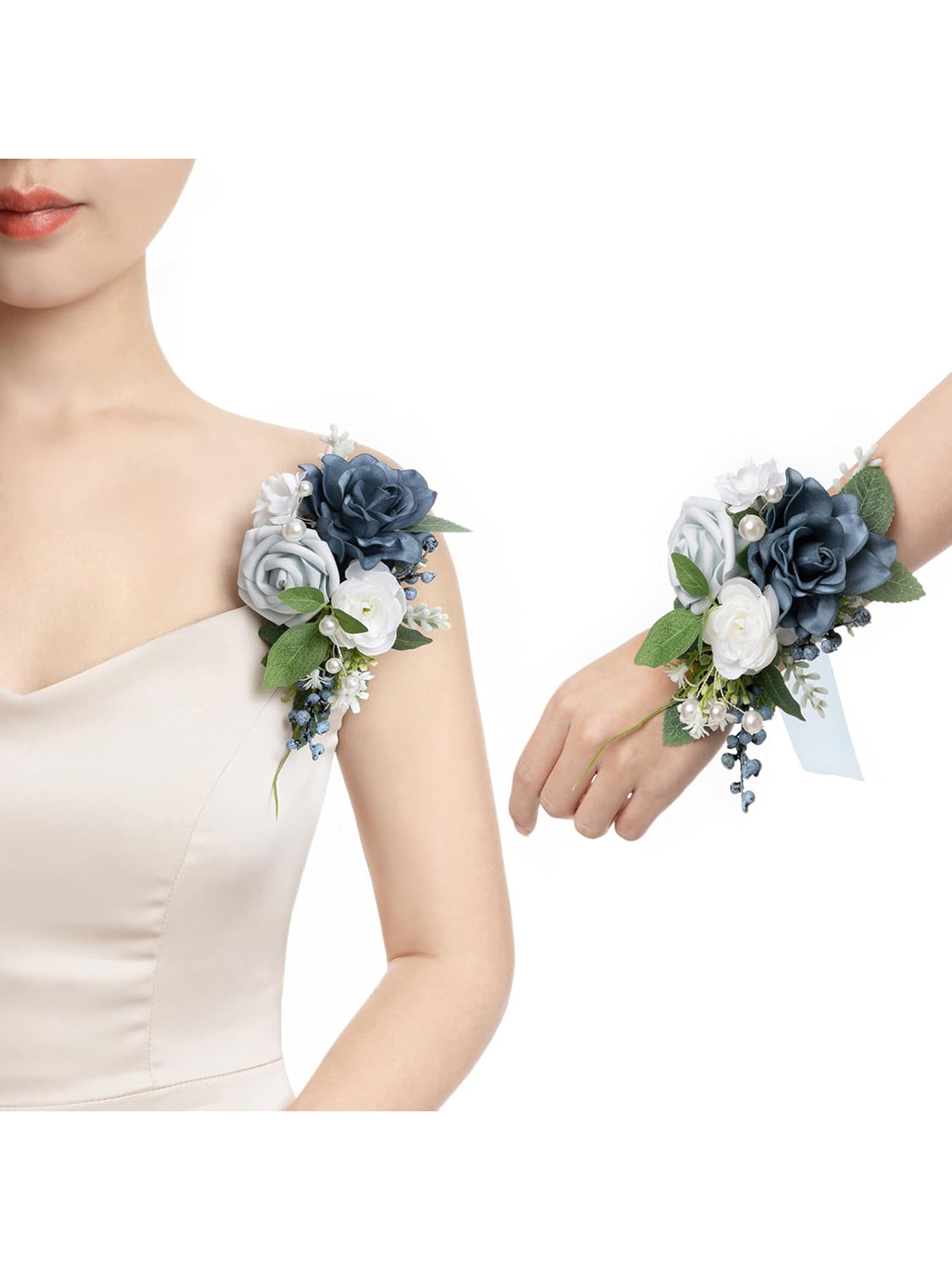Navy Blue Dusty Blue 2pcs Artificial Flower Prom Wrist Shoulder Corsage