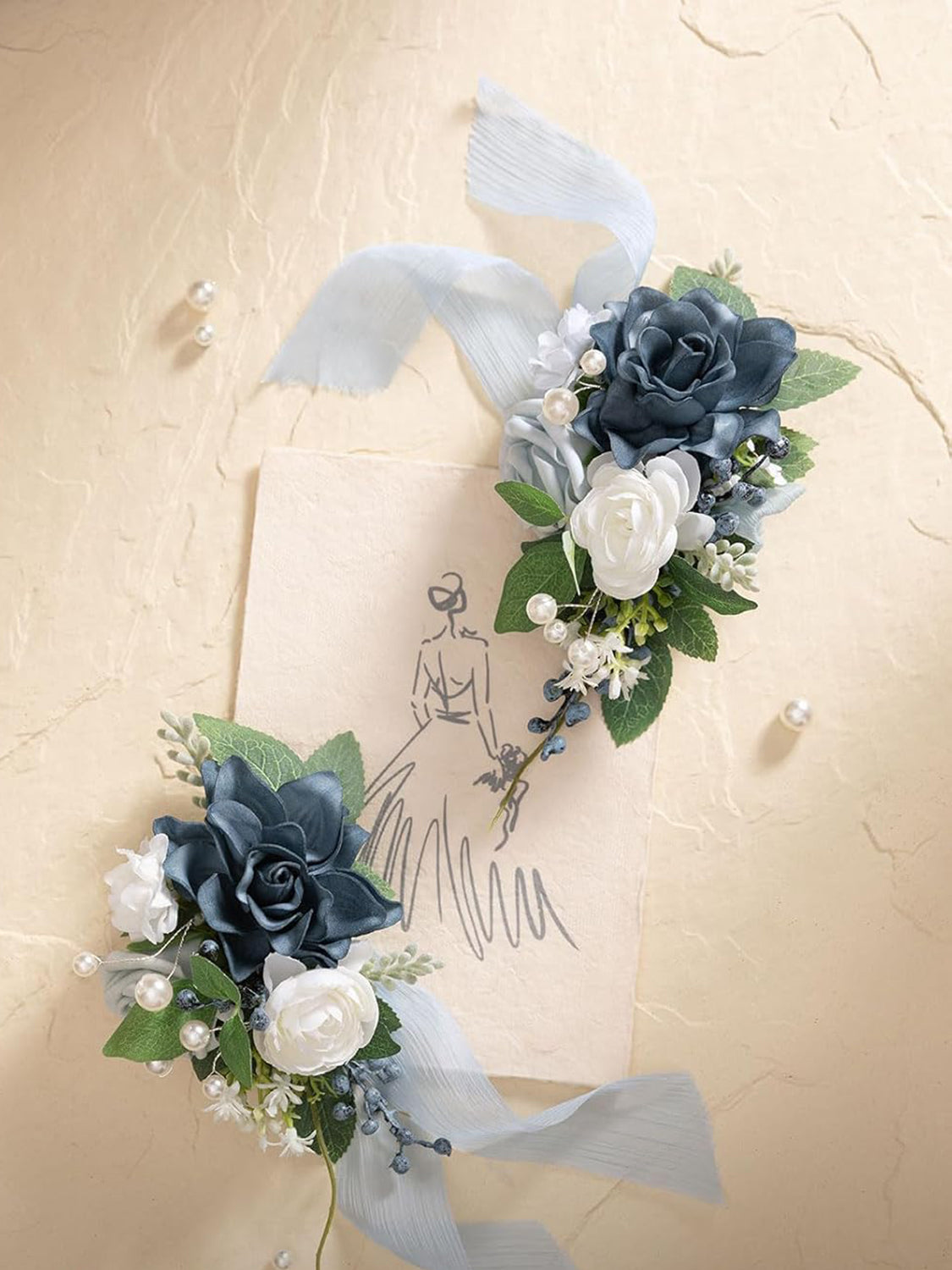 Navy Blue Dusty Blue 2pcs Artificial Flower Prom Wrist Shoulder Corsage