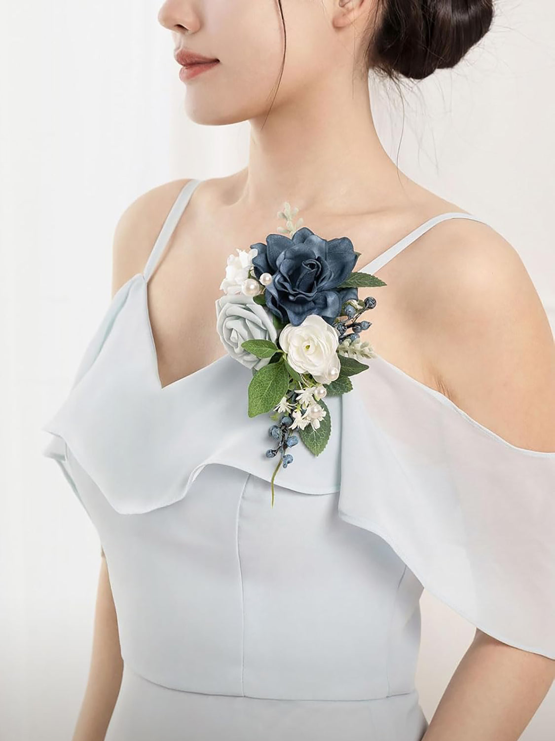 Navy Blue Dusty Blue 2pcs Artificial Flower Prom Wrist Shoulder Corsage