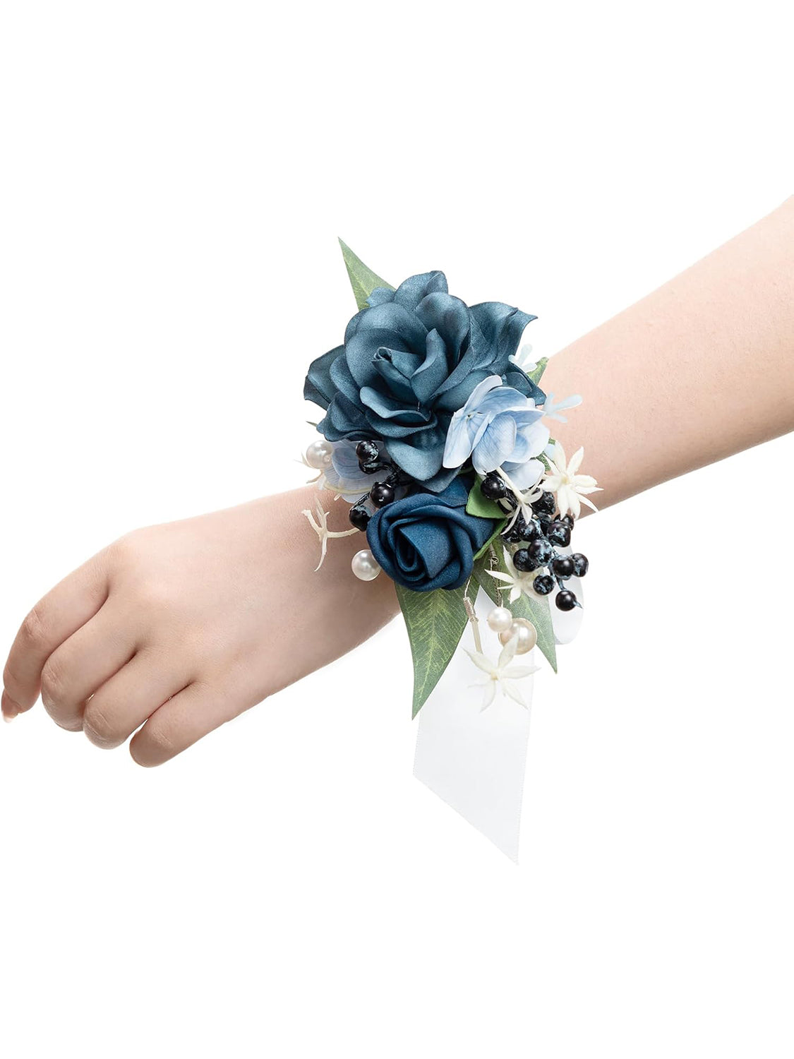 Dusty Blue Navy 2pcs Artificial Flower Prom Wrist Shoulder Corsage