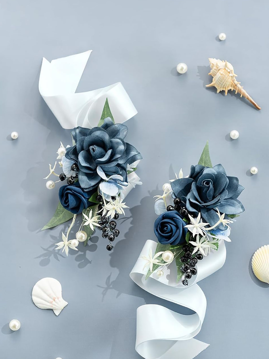 Dusty Blue Navy 2pcs Artificial Flower Prom Wrist Shoulder Corsage