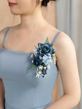 Dusty Blue Navy 2pcs Artificial Flower Prom Wrist Shoulder Corsage
