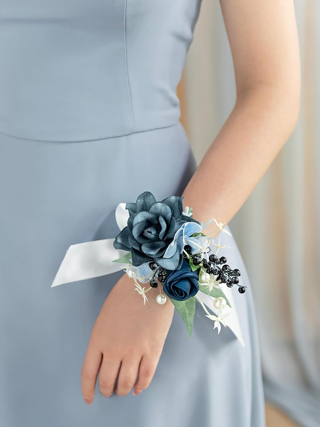 Dusty Blue Navy 2pcs Artificial Flower Prom Wrist Shoulder Corsage