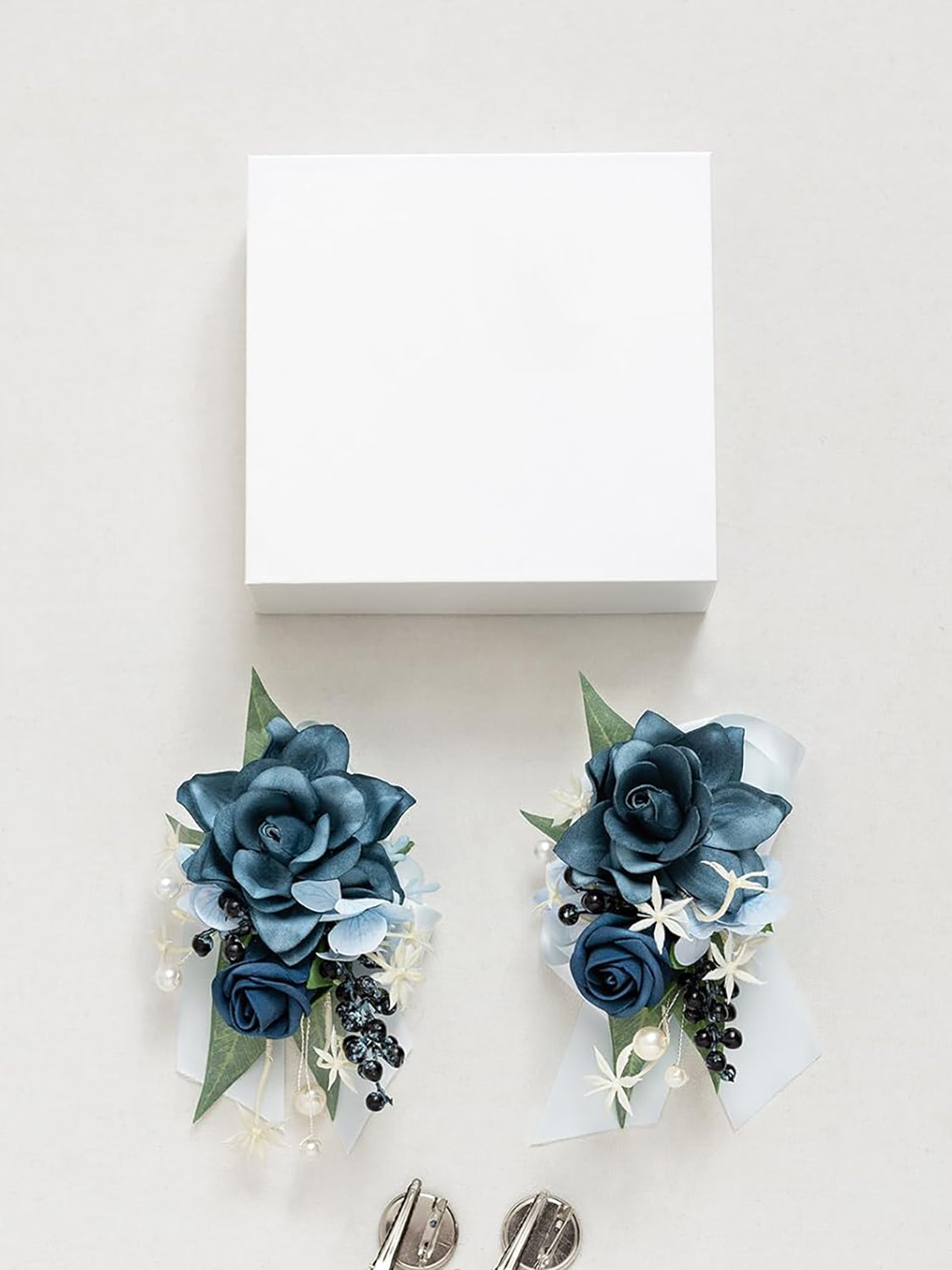 Dusty Blue Navy 2pcs Artificial Flower Prom Wrist Shoulder Corsage