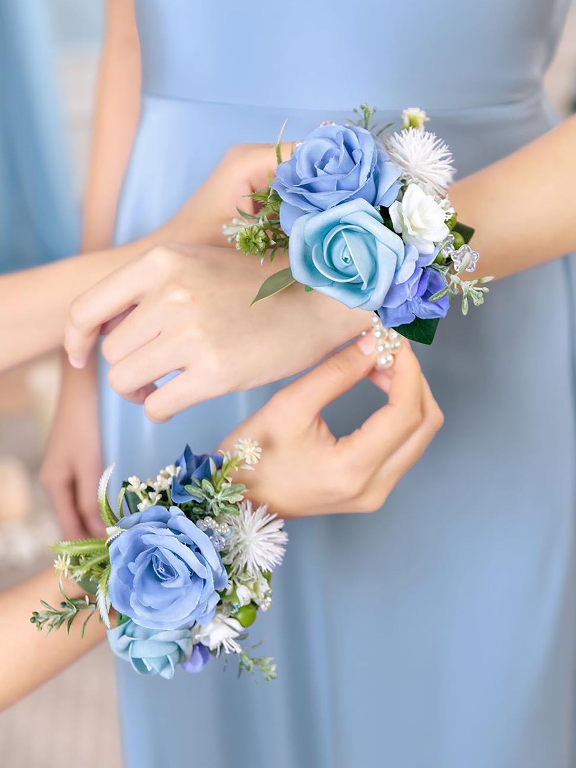Provence Blue Set of 2 Wrist Corsage Bracelets Pearl Wristlet