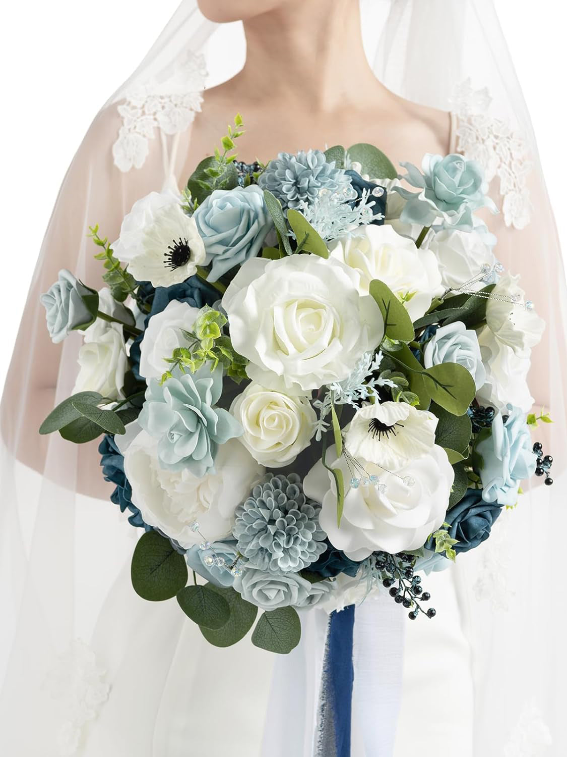Dusty Blue & Navy 15 Inch Silk Wedding Bride Bouquets