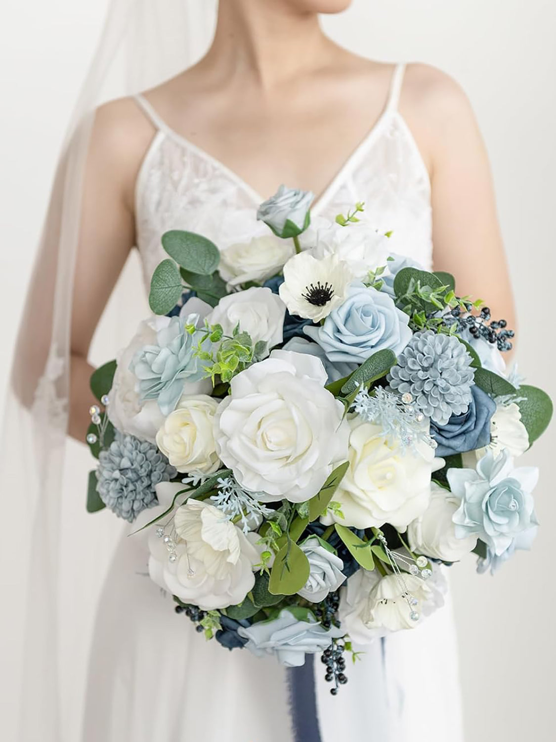 Dusty Blue & Navy 15 Inch Silk Wedding Bride Bouquets