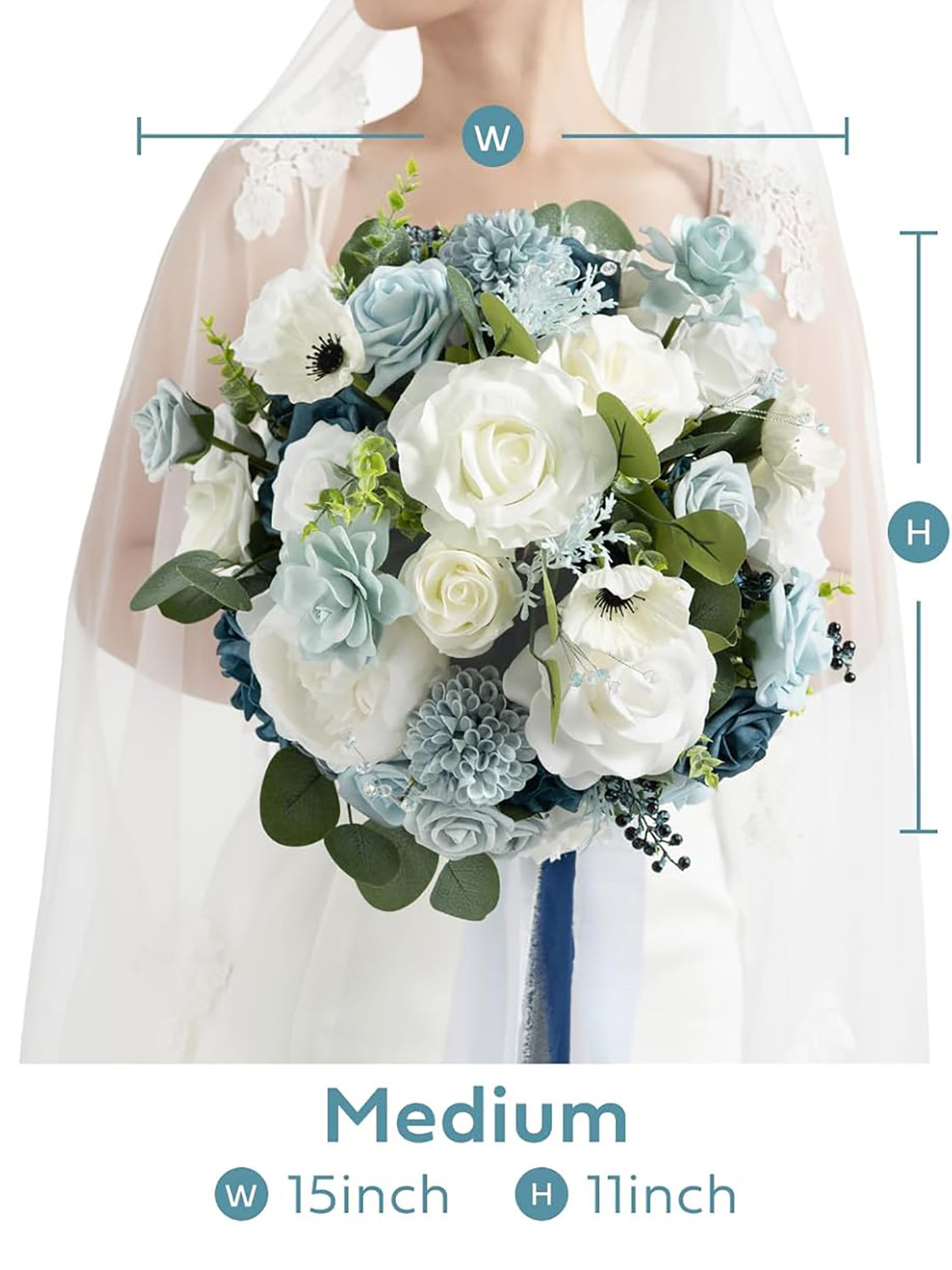 Dusty Blue & Navy 15 Inch Silk Wedding Bride Bouquets