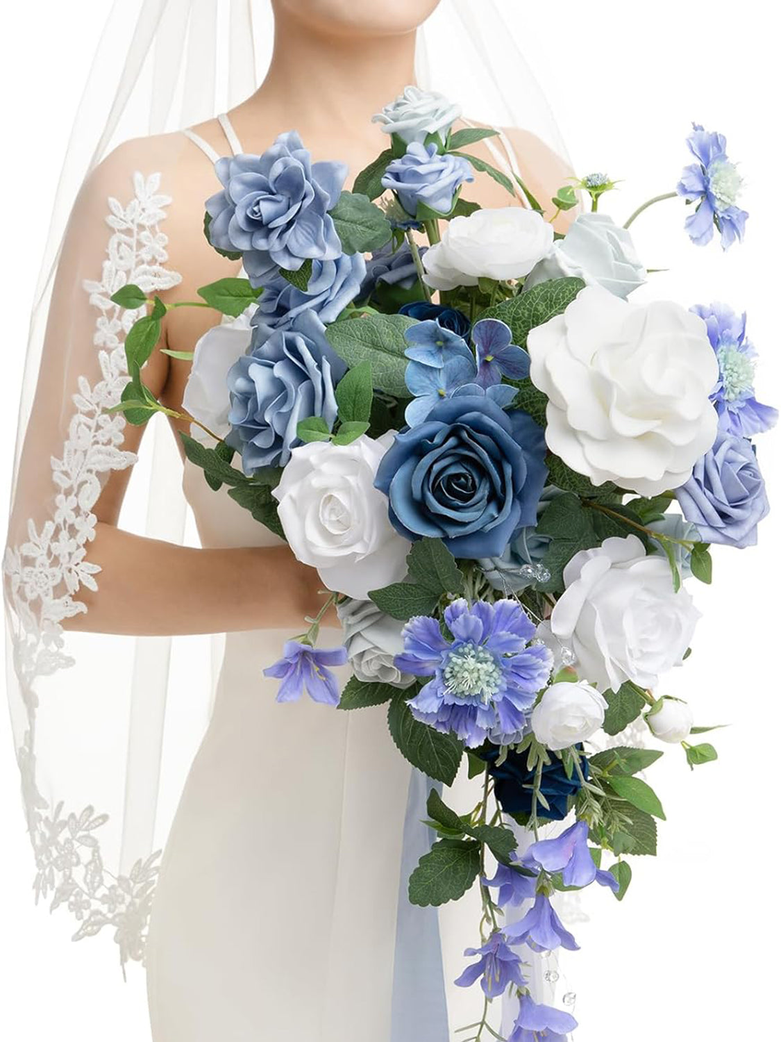 Dusty Blue & Navy 13 Inch  Artificial Flowers Bride Bouquets
