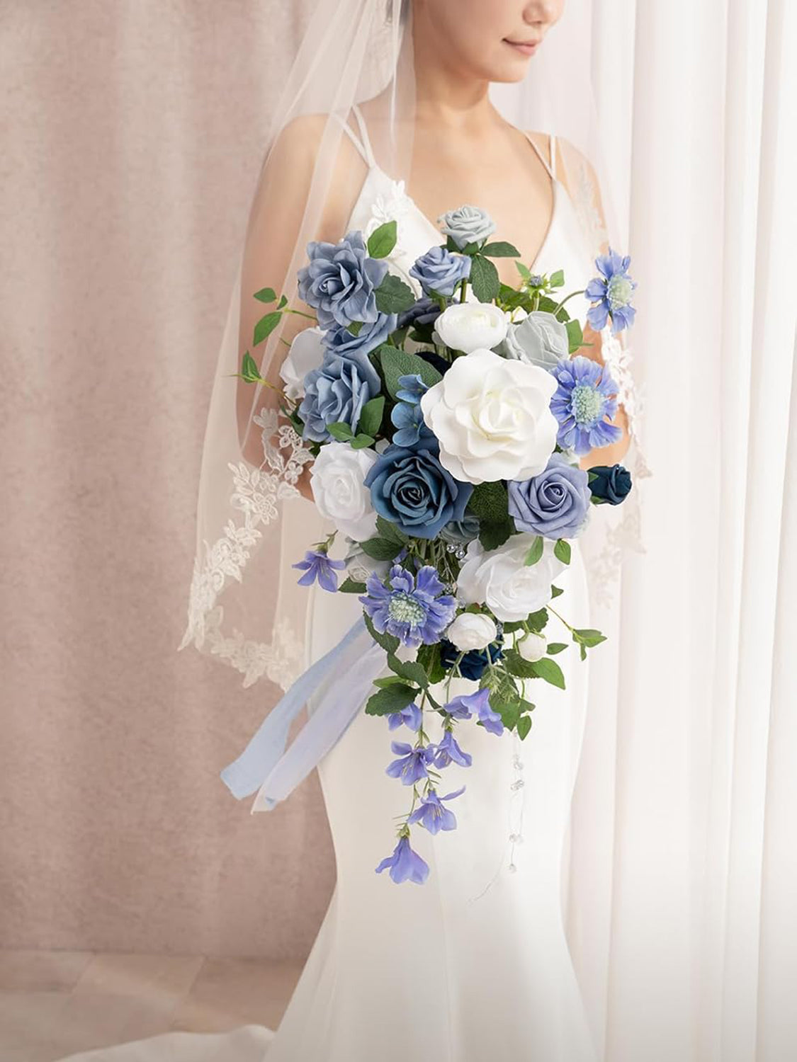 Dusty Blue & Navy 13 Inch  Artificial Flowers Bride Bouquets
