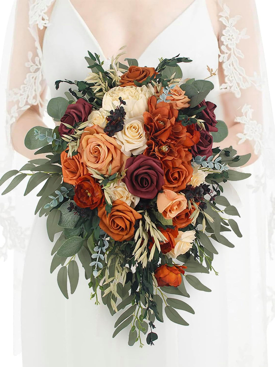 Bride Burnt Orange Cascade Bridal Bouquet 13 Inch