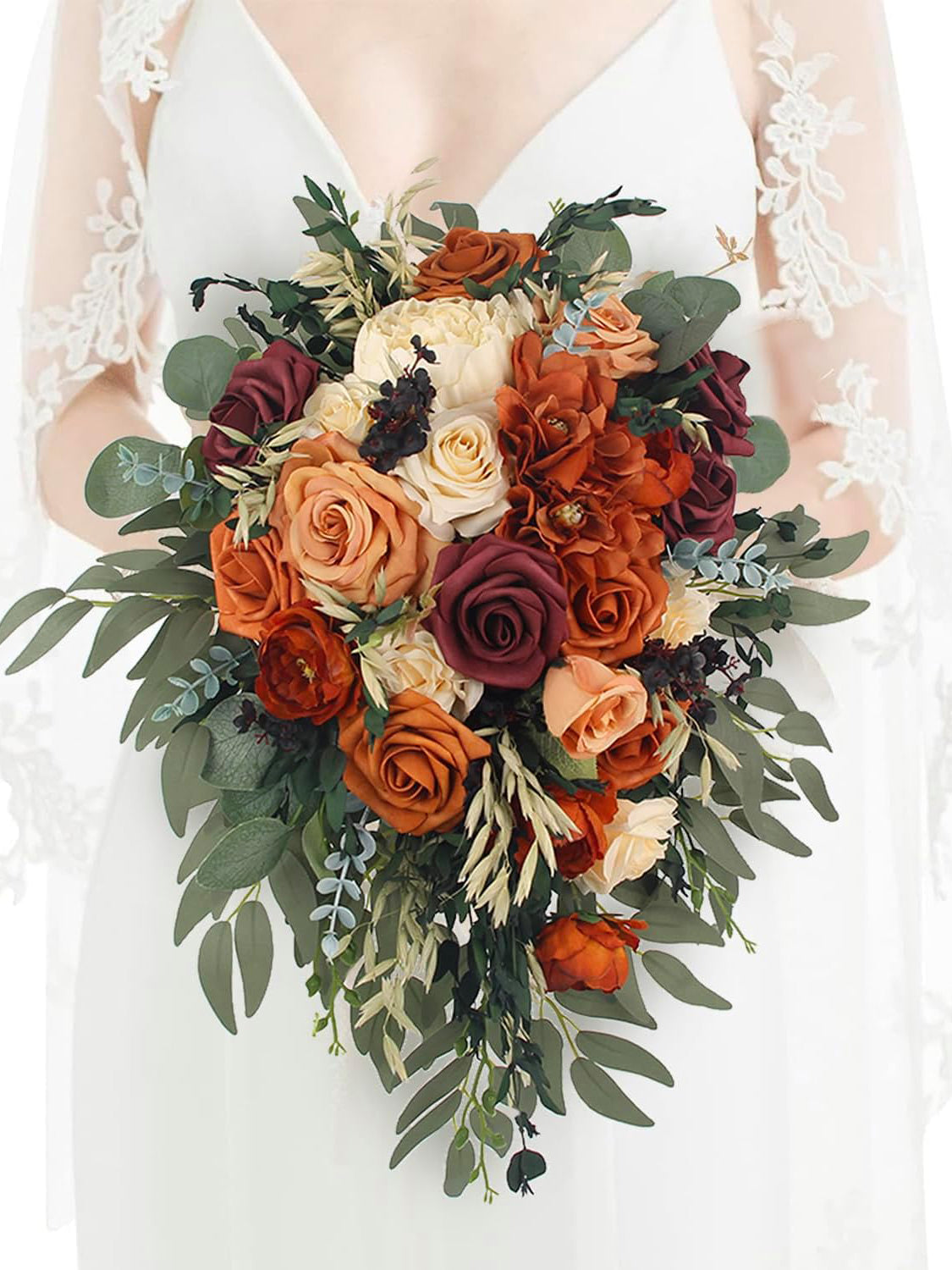 Bride Burnt Orange Cascade Bridal Bouquet 13 Inch