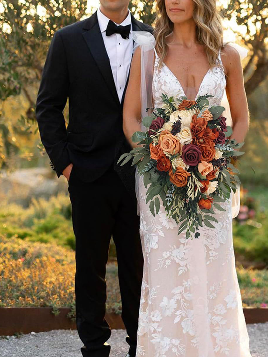 Bride Burnt Orange Cascade Bridal Bouquet 13 Inch