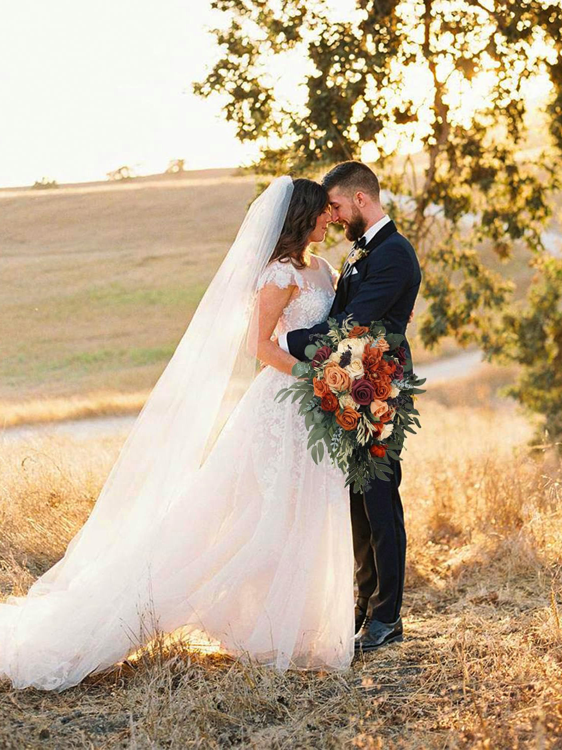 Bride Burnt Orange Cascade Bridal Bouquet 13 Inch