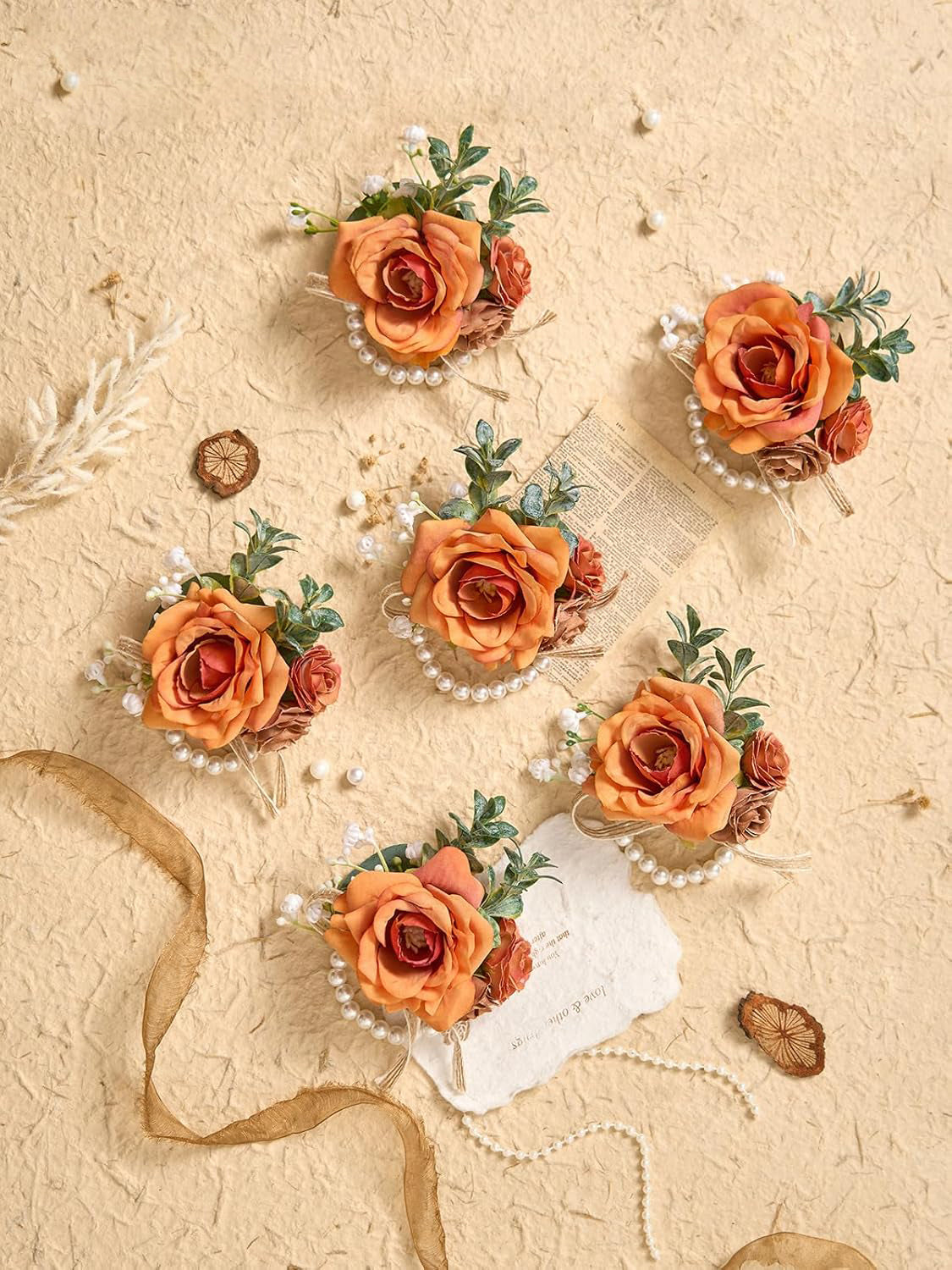 Orange 6 Pcs Wrist Corsages for Wedding