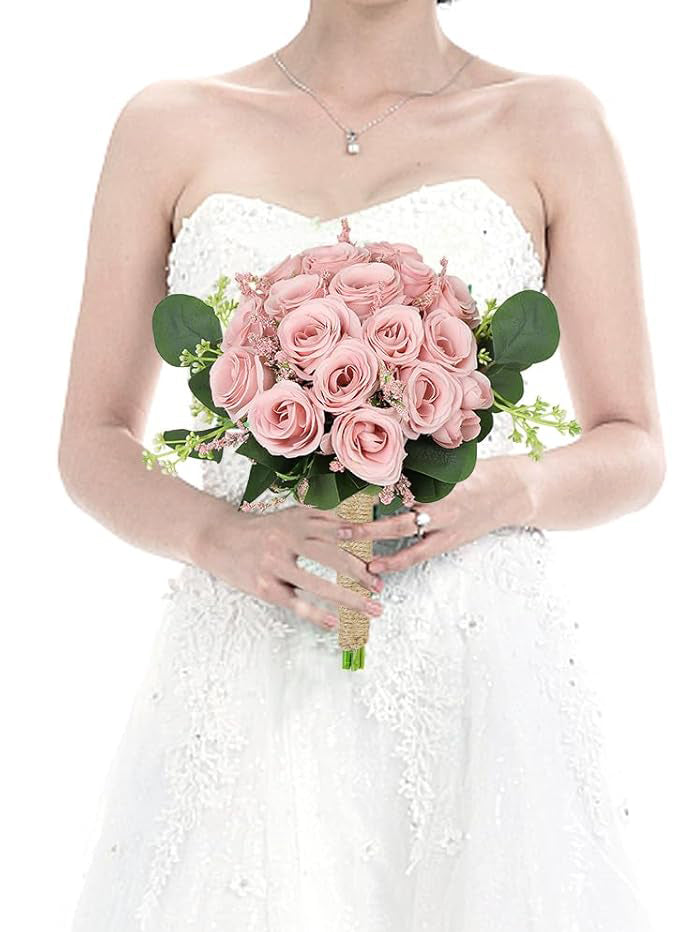 Artificial Ivory Pink Wedding Bridesmaid Bouquets, Set of 6, 7 Inch
