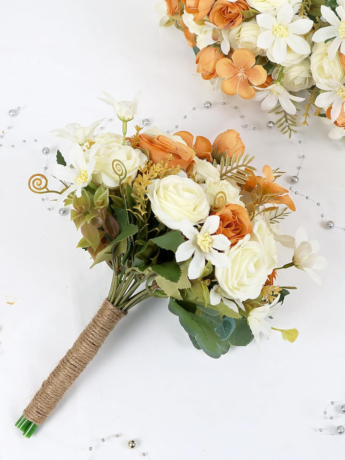 Orange And Ivory 6pc Set 7 Inch Artificial Bridesmaid Bouquets For Wedding