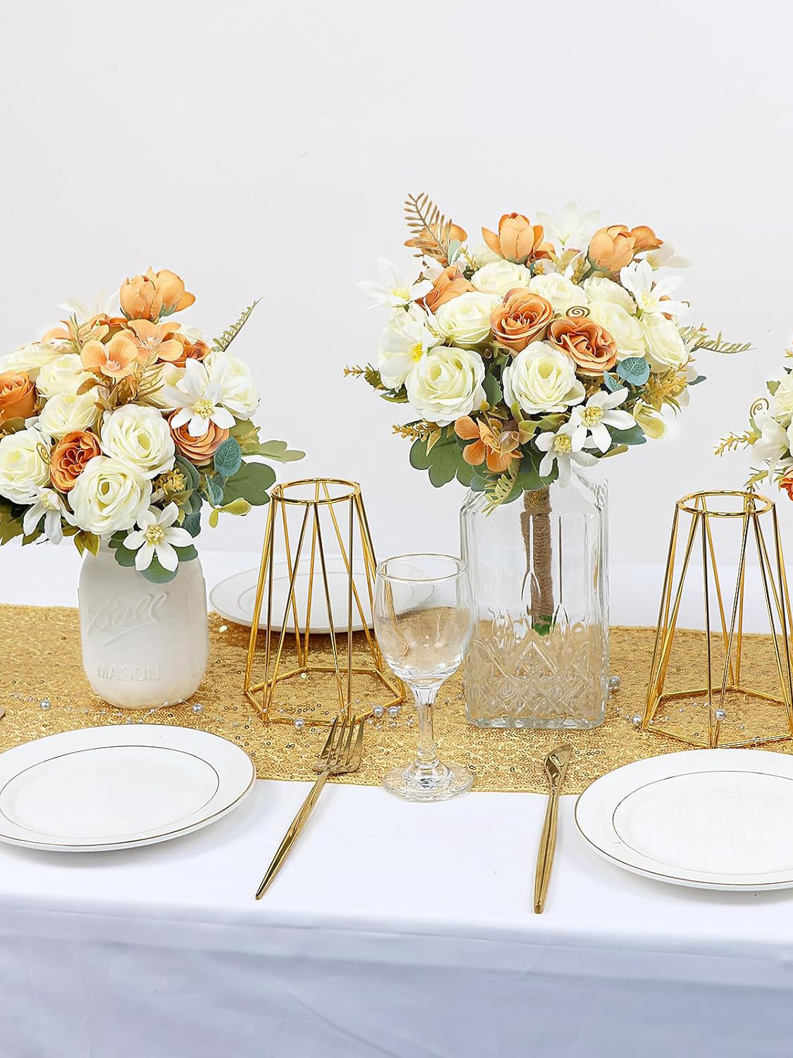 Orange And Ivory 6pc Set 7 Inch Artificial Bridesmaid Bouquets For Wedding