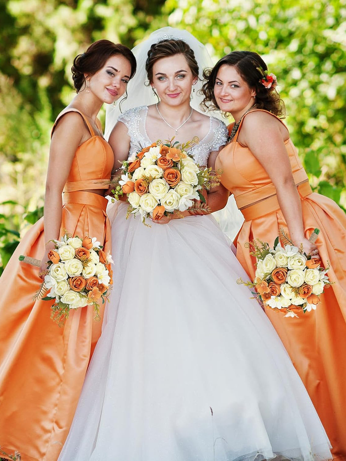 Orange And Ivory 6pc Set 7 Inch Artificial Bridesmaid Bouquets For Wedding