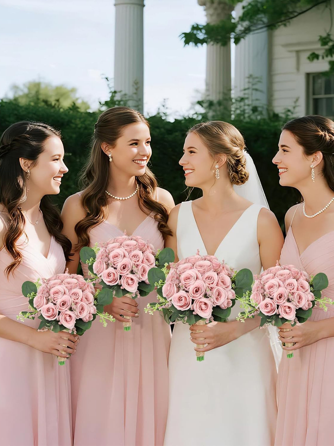 Artificial Ivory Pink Wedding Bridesmaid Bouquets, Set of 6, 7 Inch