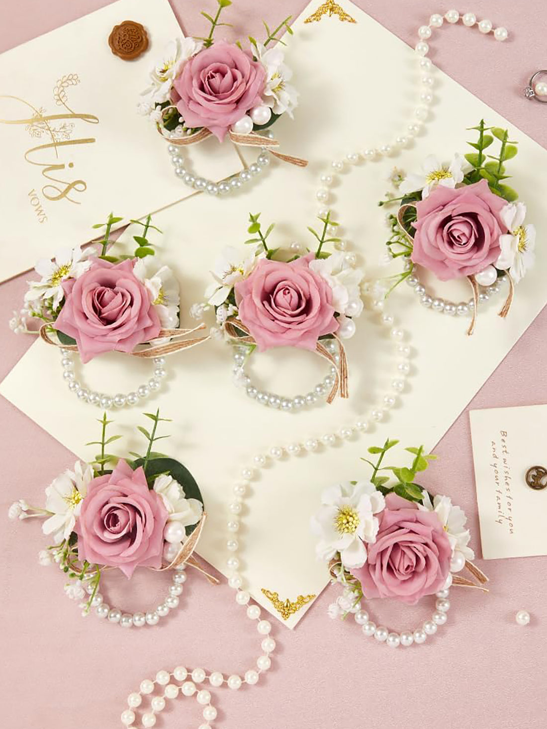 Blush & Cream Rose Wrist Corsages – 6-Piece Set