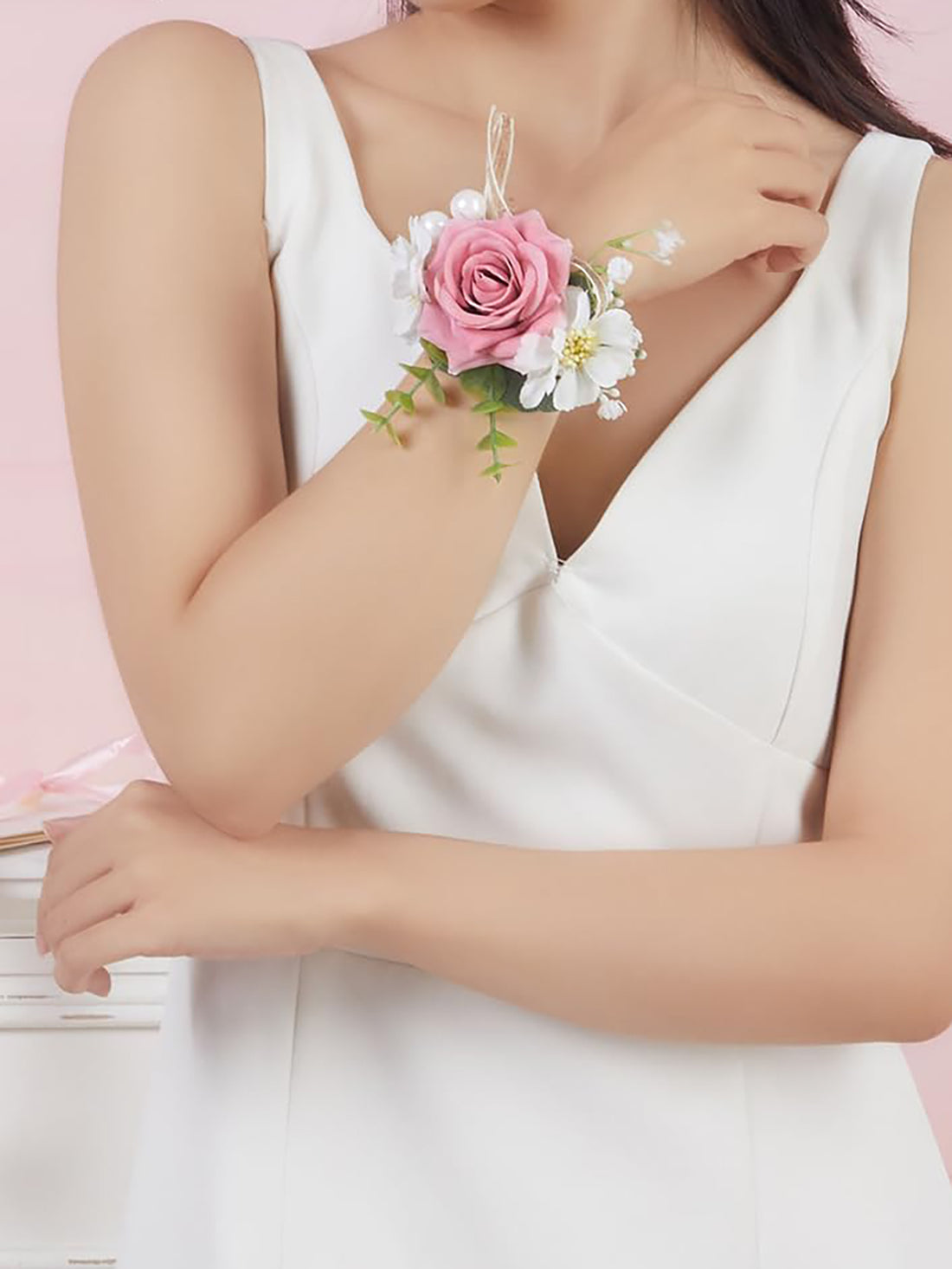 Blush & Cream Rose Wrist Corsages – 6-Piece Set