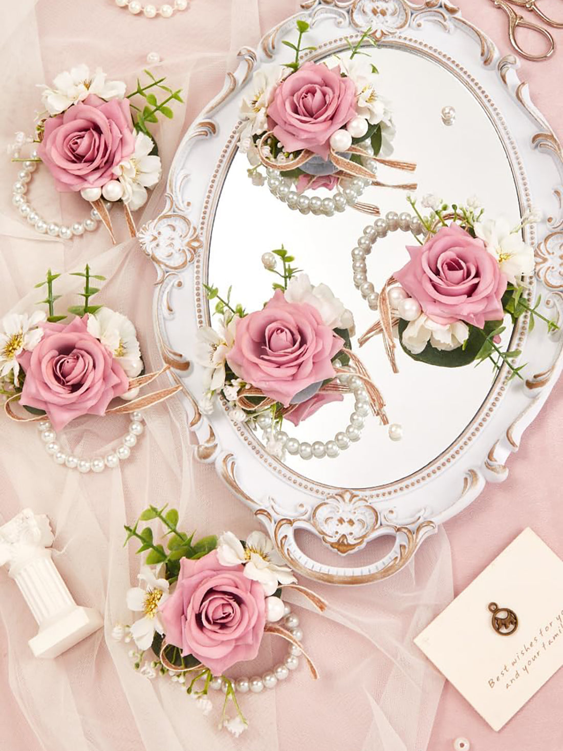 Blush & Cream Rose Wrist Corsages – 6-Piece Set