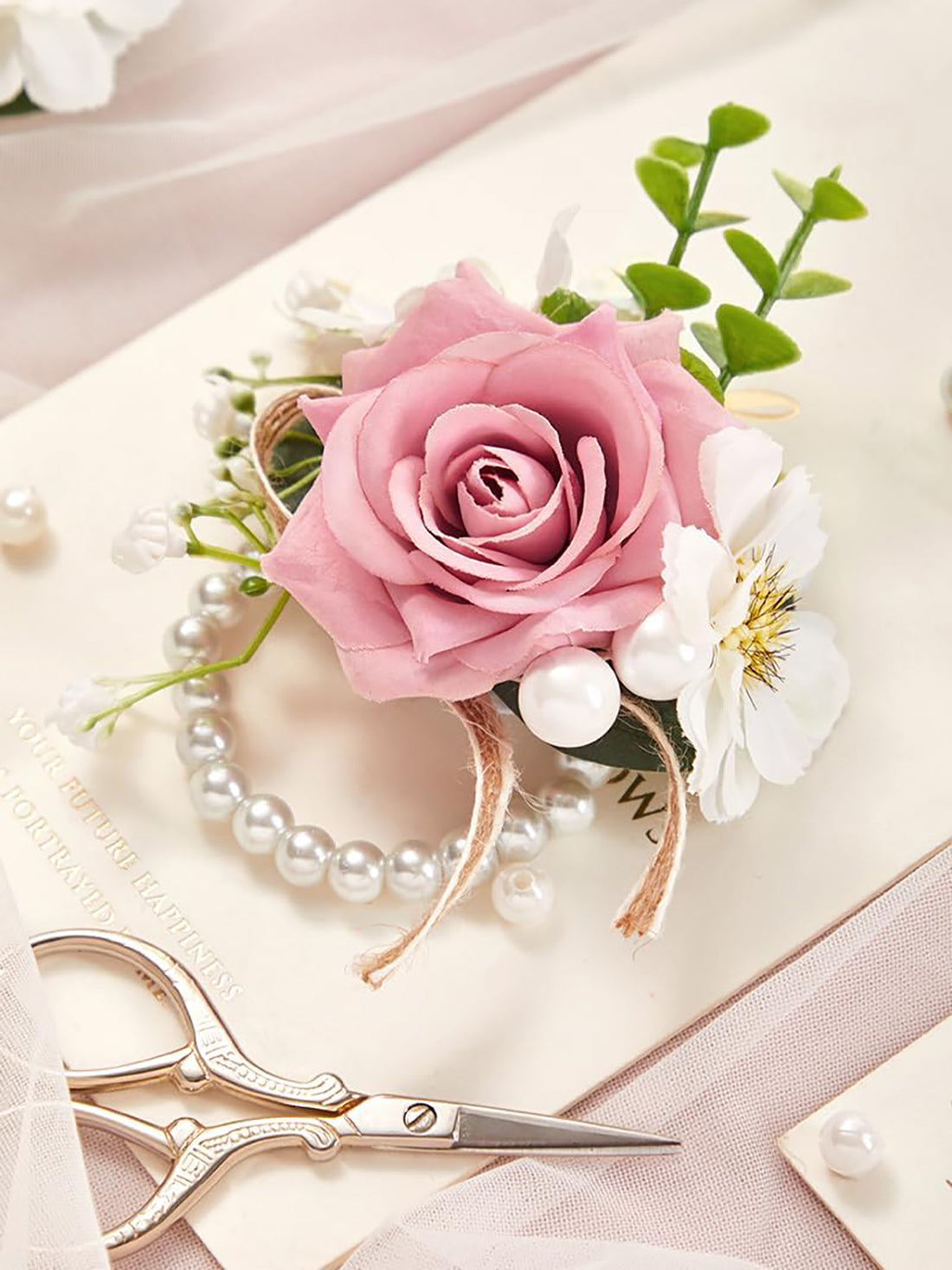 Blush & Cream Rose Wrist Corsages – 6-Piece Set