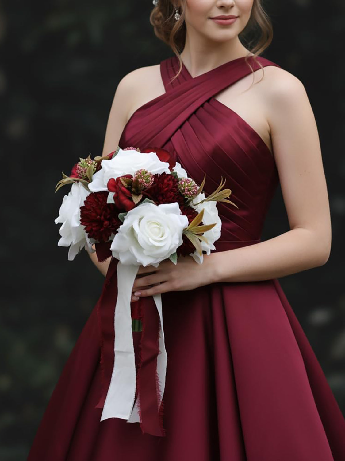 Burgundy White 4Pcs 11 Inch Bridesmaid Bouquet