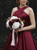Burgundy White 4Pcs 11 Inch Bridesmaid Bouquet
