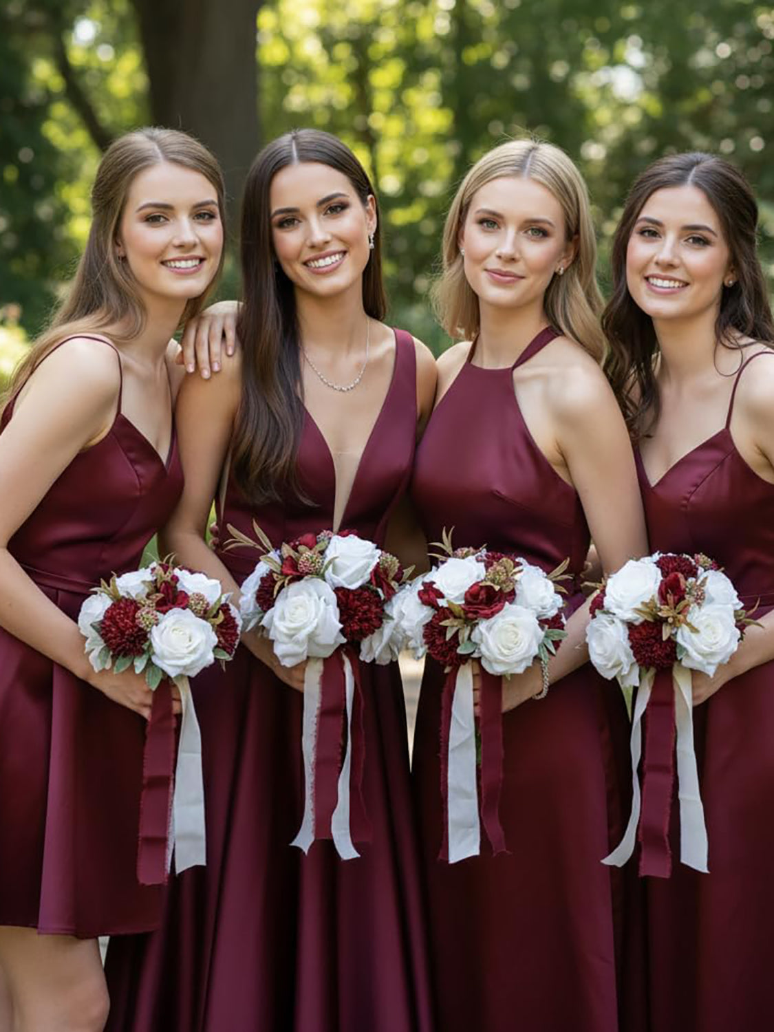 Burgundy White 4Pcs 11 Inch Bridesmaid Bouquet