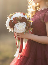Burgundy White 4Pcs 11 Inch Bridesmaid Bouquet