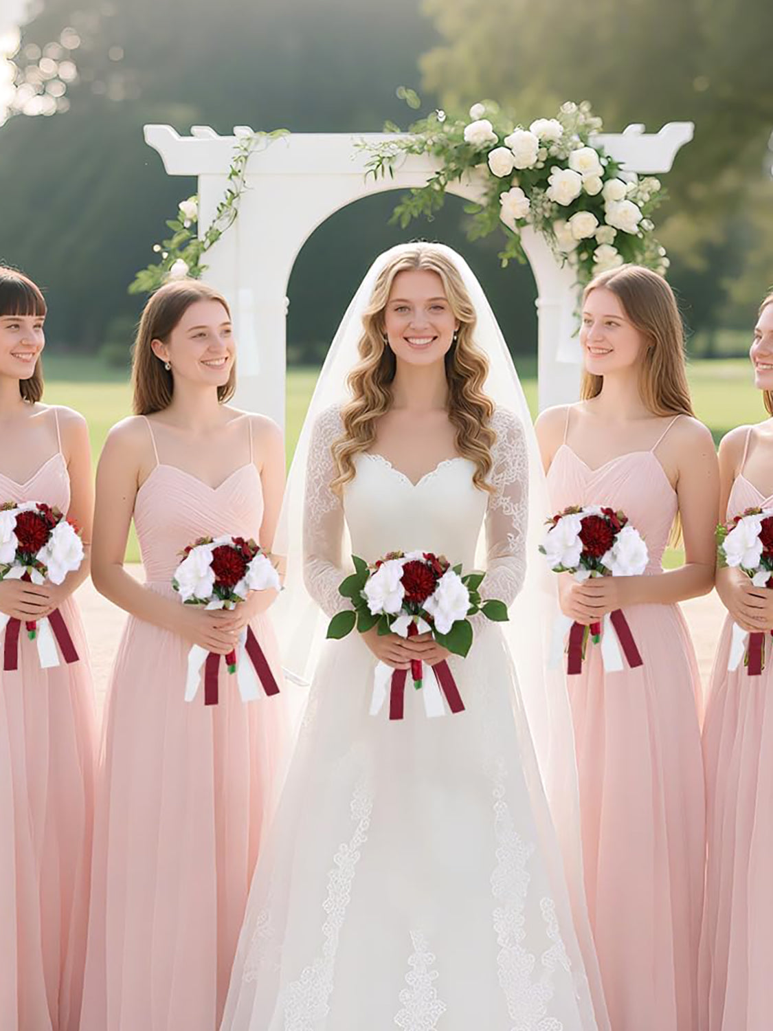 Burgundy White 4Pcs 11 Inch Bridesmaid Bouquet