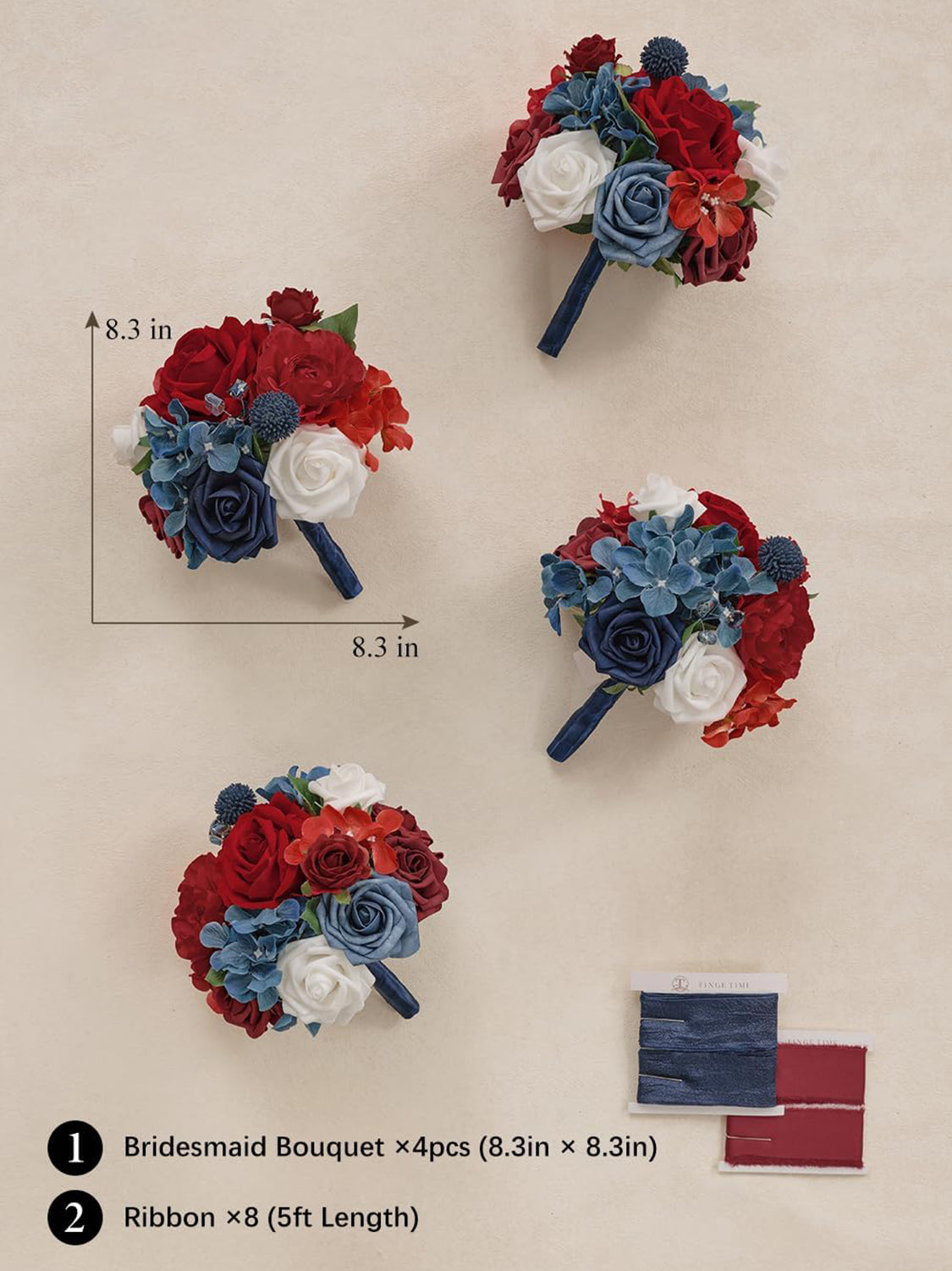 Red & Navy Blue Bridesmaid Bouquets for Wedding Set of 4