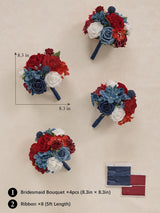 Red & Navy Blue Bridesmaid Bouquets for Wedding Set of 4