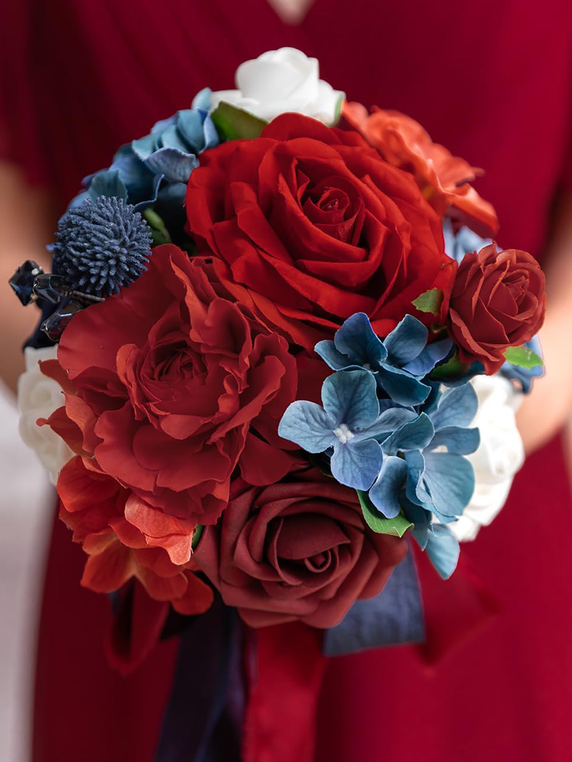 Red & Navy Blue Bridesmaid Bouquets for Wedding Set of 4