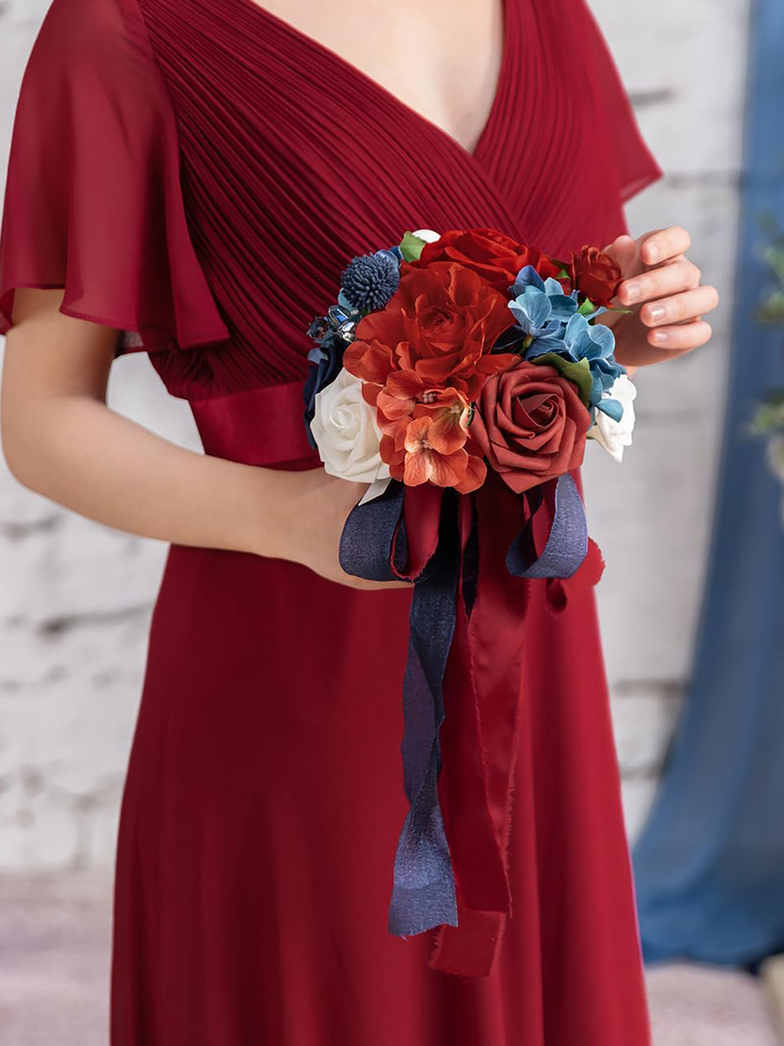 Red & Navy Blue Bridesmaid Bouquets for Wedding Set of 4