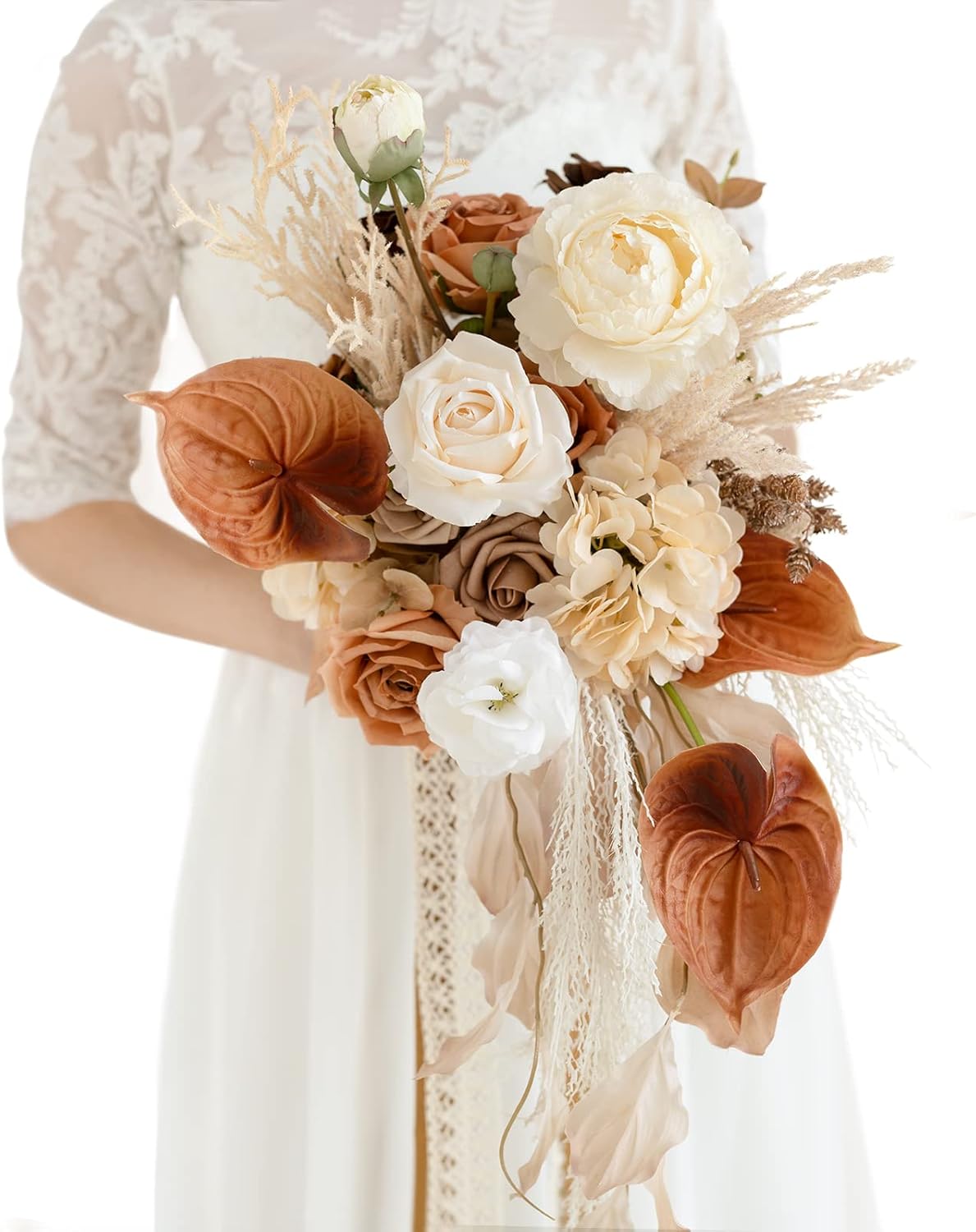 French Orange & Cream 15 Inch Boho Bridal Bouquet Cascading