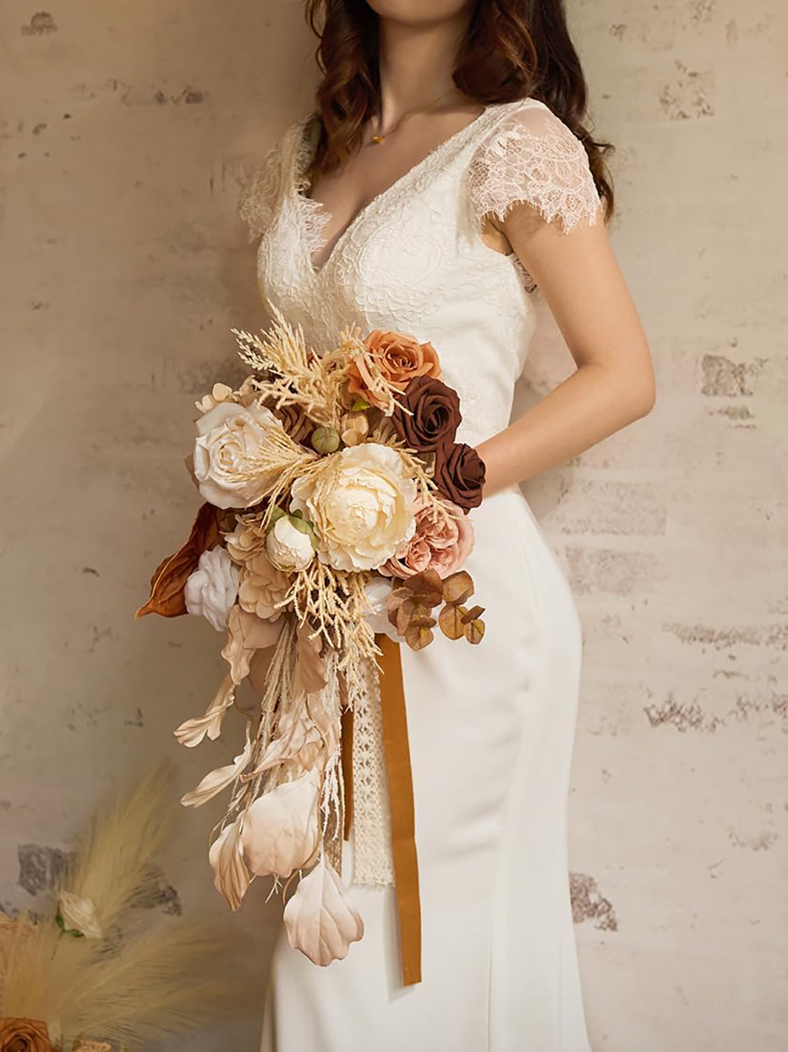 French Orange & Cream 15 Inch Boho Bridal Bouquet Cascading