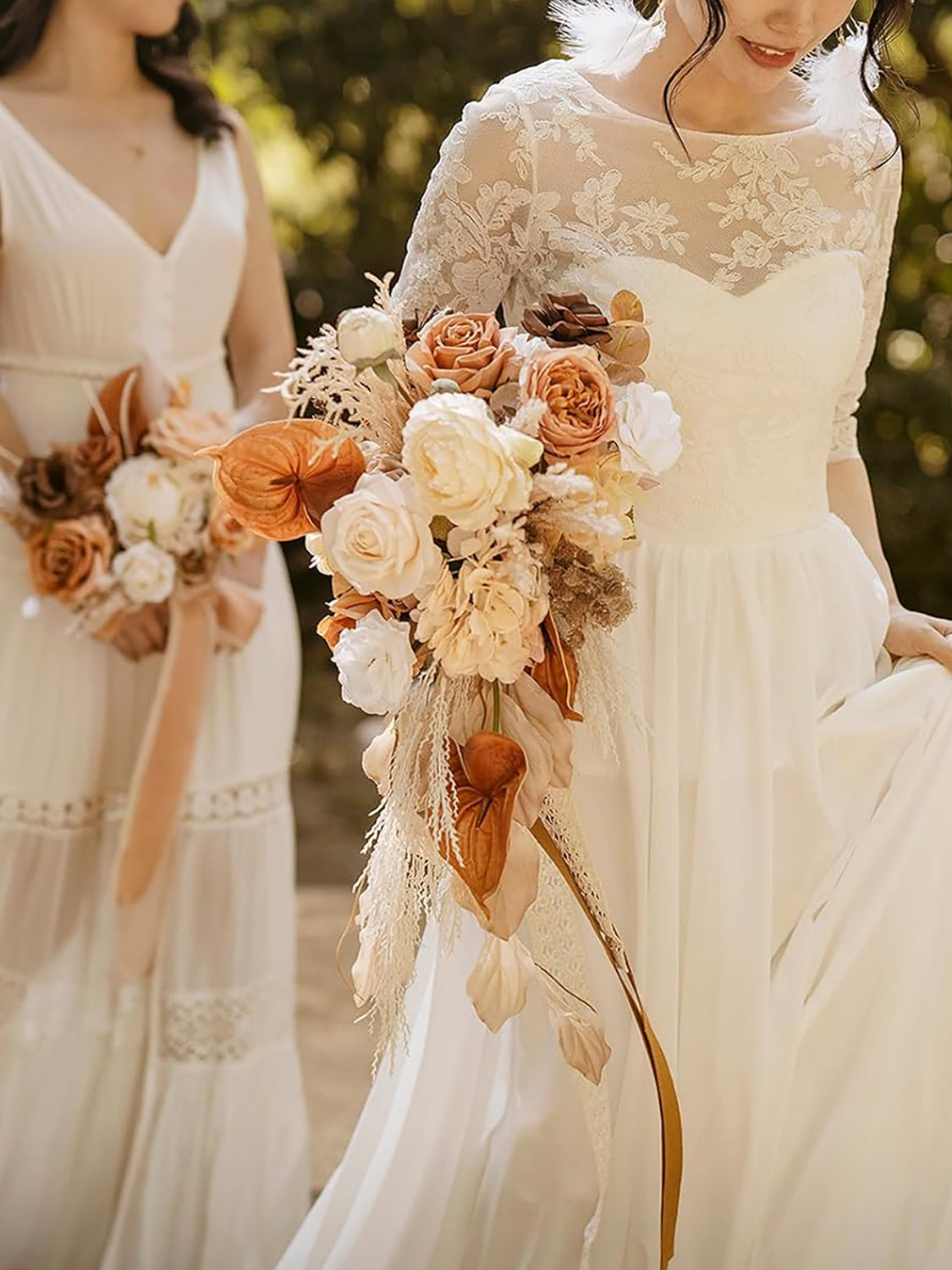 French Orange & Cream 15 Inch Boho Bridal Bouquet Cascading