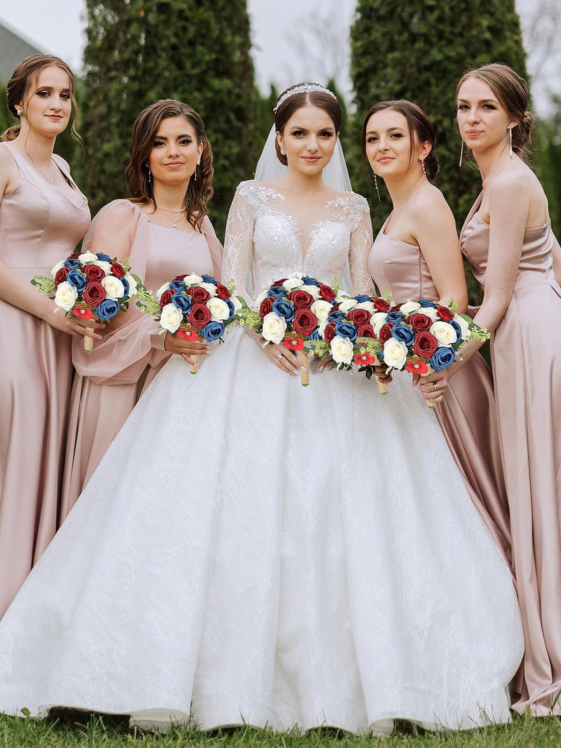 Bridesmaid Bouquets For Wedding 7 Inch Set Of 6 Artificial Ivory Red Blue White